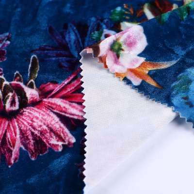 New style textile knitted tropical flock printing blue velvet fabric